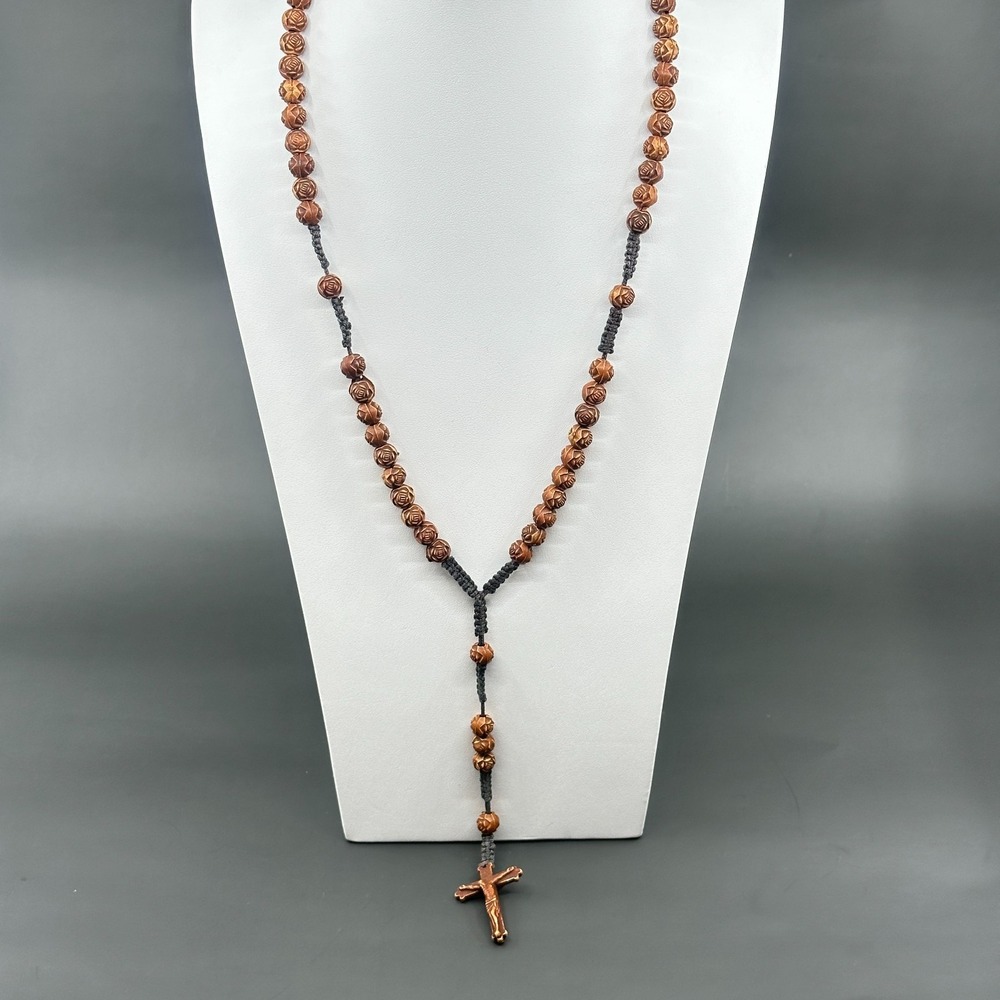 Brown Carved Rose Bead Rosary Necklace Crucifix Cross Boho Catholic Prayer Gift